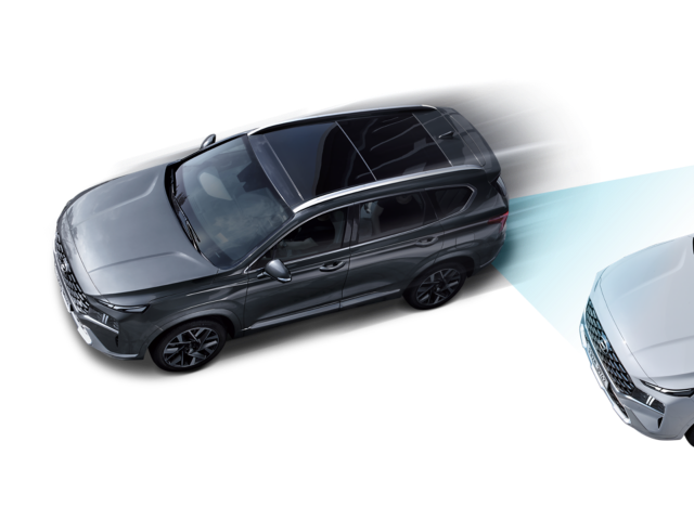 Pohled na nový model Hyundai Santa Fe Hybrid shora s naznačením funkce vyspělých asistenčních systémů.